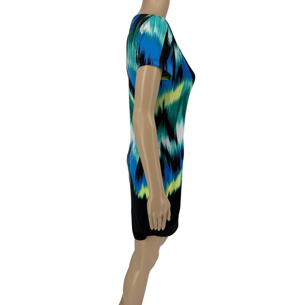 Jennifer Lopez sheath dress s short sleeve stretchy blue green geo - Picture 2 of 10
